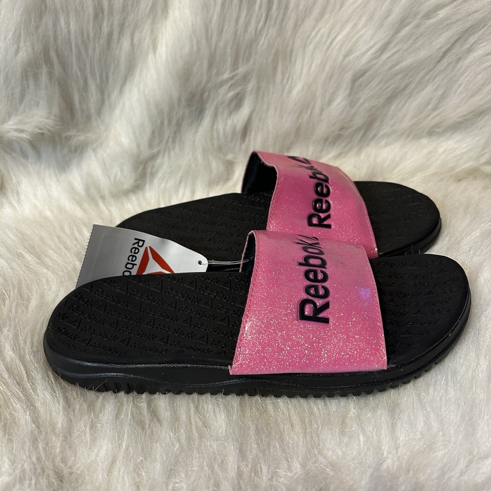 Reebok Slides Girls Size 4 Pink Black Sparkly Glitter Slip On Sandals Shoes